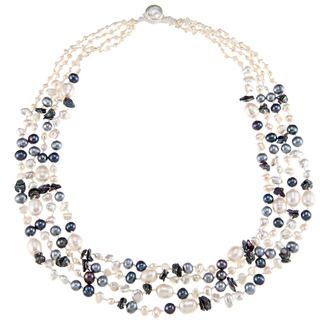 Blue and White Freshwater Pearl Multi strand Necklace (6 11 mm