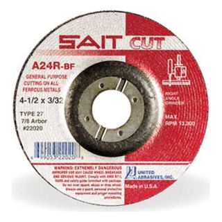 United Abrasives Sait 22120 Abrsv Cut Whl, 4 1/2 Dx0.093In T, 5/8In AH