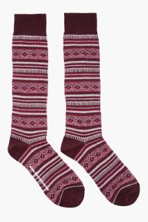 White Mountaineering Burgundy Mid Rise Patterned Knit Socks for men