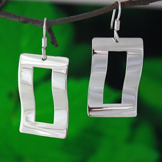 Sterling Silver Wavy Rectangle Dangle Earrings (Mexico)