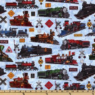 44 Wide Just Train Crazy Locomotives Map Lt. Blue Fabric