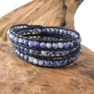 Blue Sodalite Treasure Triple Wrap Leather Bracelet (Thailand