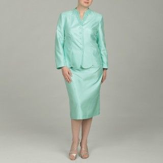 Emily Womens Plus Size Light Mint Embellished Skirt Suit