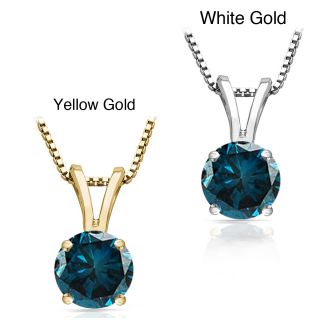14K Gold 3/4ct, 1ct, 1 1/2ct TDW Round Blue Diamond Solitaire Necklace