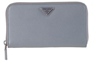 Prada Light Blue Leather Saffiano Checkbook Wallet