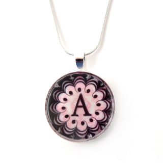 Silverplated Personalized Pink Damask style Monogram Necklace