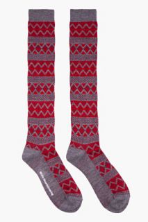 White Mountaineering Red Tall Diamond Pattern Ribbed Socks for men