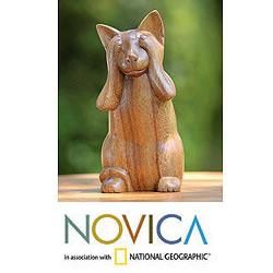 Handcrafted Suar Wood See No Evil Kitty Sculpture (Indonesia