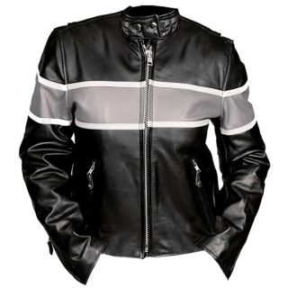 Leather Womens Silver Striped Motorcycle Racing Jacket