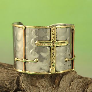 Handcrafted Hammered Brass Copper Sideways Crosses Cuff Bracelet