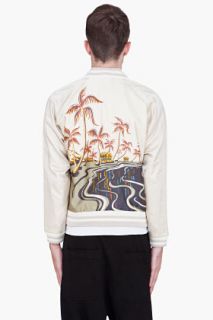 Sasquatchfabrix Beige Palm Tree Print Souvenir Jacket for men