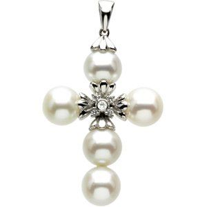 Freshwater Cultured Pearl and Diamond Cross Pendant