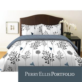 Perry Ellis Asian Lilly White King size 3 piece Duvet Cover Set