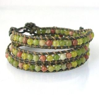 Green Aventurine Stone Wrap Leather Bracelet (Thailand)