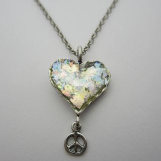 Ancient Roman Glass Heart Peace Sign Necklace (Israel)