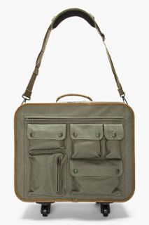 White Mountaineering Green Leather trimmed Multi pocket Travel Bag for men