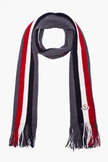 Moncler Grey Striped Ribbed Knit Wool Scarf for men