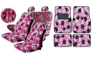 15pc Pink Hawaiian Hibiscus Seat Covers Combo with Front and Rear