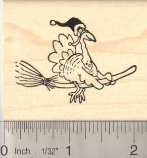 Happy Holidays Santa Turkey Witch on broom Rubber Stamp