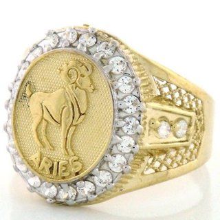 10K Solid Yellow Gold Mens Zodiac CZ Ring   Aries Jewelry