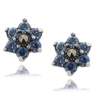 Sterling Silver Marcasite and Blue Cubic Zirconia Flower Earrings