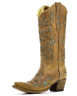  Corral Womens Tan Floral Turquoise Inlay Boots   A1952 Shoes