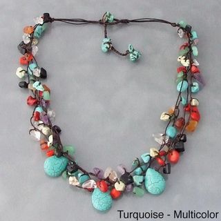 Cotton Rope Multicolor Gemstone Teardrop Necklace (Thailand