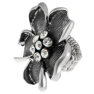 Journee Collection Stainless Steel Crystal Large Flower Stretch Ring