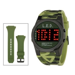 Montre LED en acier 316L noir sur bracelet en silicone camouflage vert