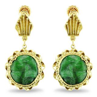 14k Yellow Gold Fancy Green Jade Antique Dangle Earrings