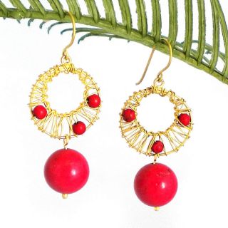 Red Mystery Brass Wire Works Red Coral Ball Dangle Earrings (Thailand