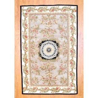 Indo Hand tufted Aubusson Beige Wool Rug (5 x 8)