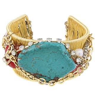 Goldtone Magnesite, Coral and Crystal Wire Cuff Bracelet